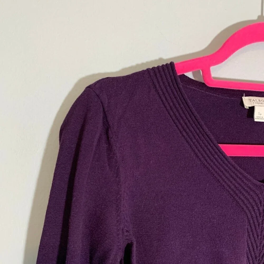 Talbots Petite Purple V-Neck 100%‎ Cotton Sweater Ribbed Chevron Detail SP